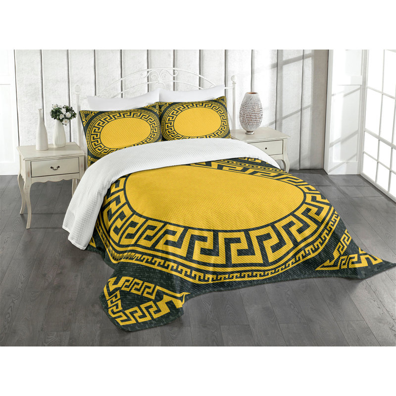 King Size Gray and Yellow Geometric Quilted Bedspread Set