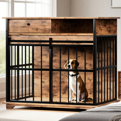 Cage pour chien spacieuse avec plateau et compartiment latéral, finition en bois lisse, rangement à usage extérieur aspect vieilli, maison moderne