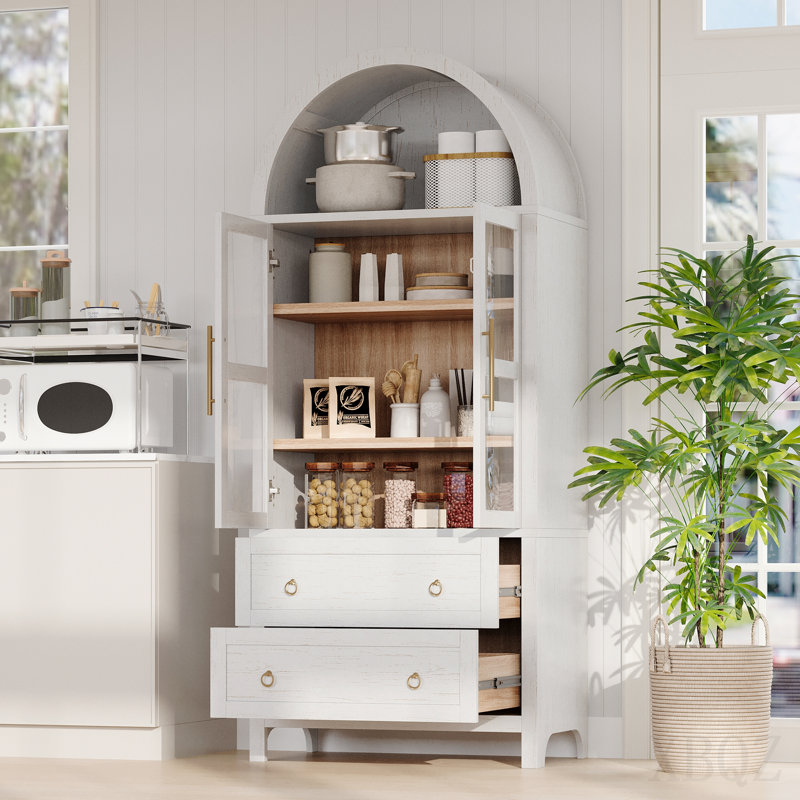 Grand garde-manger arqué de 71 po avec 2 grands tiroirs, armoires de cuisine de campagne moderne avec tablettes réglables, porte vitrée, armoire en bois polyvalente pour la cuisine, salle à manger, blanc