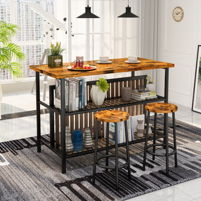 Jacarie 3 Piece Dining Table Set, Industrial Dining Kitchen Island Set With Storage Shelves, Wooden Kitchen Storage Rack With 2 Bar Stools, Rustic Far