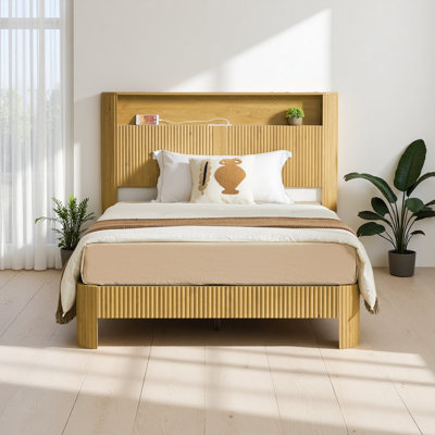 Full Extra Long(Full XL) Size Bed Frame With Storage Headboard, Built-In Charging Station, Wavy Curved Lines Design, Silent Operation, Metal Support
