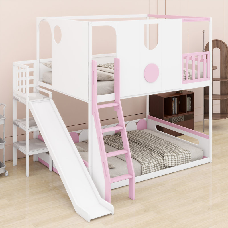 Lit mezzanine avec glissade, tablettes de rangement et rails de sécurité, Lit double, Blanc + rose