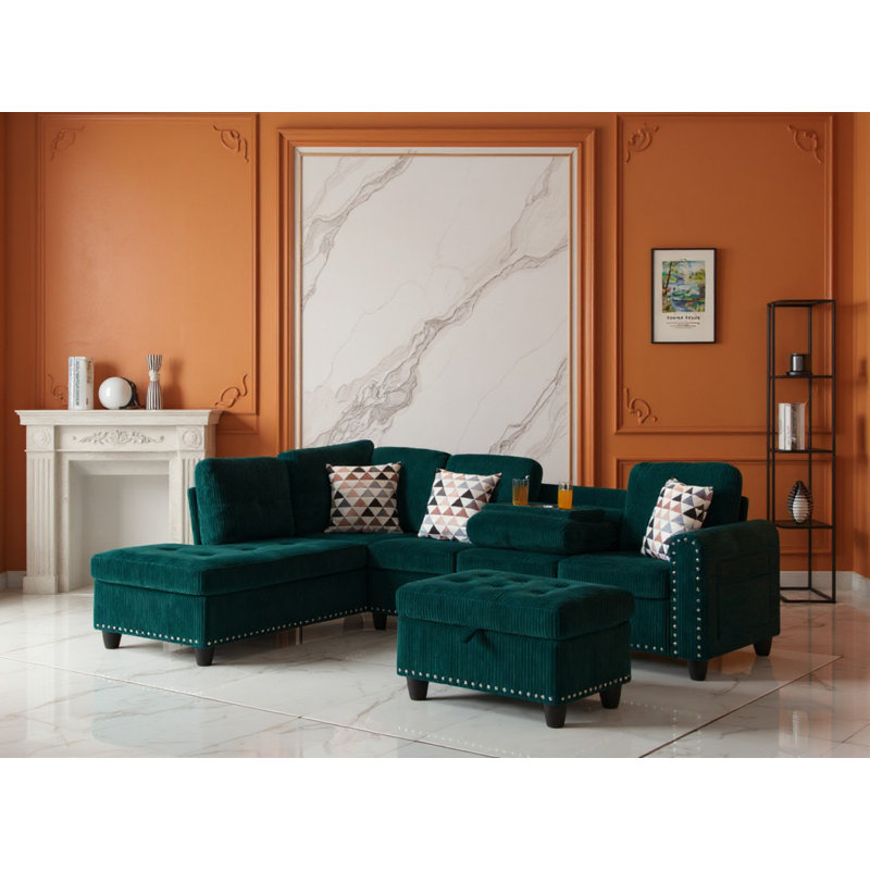  94.49” L-shaped Corduroy Deep Seat Modular Sectional Sofa Couch For Living Room, Green