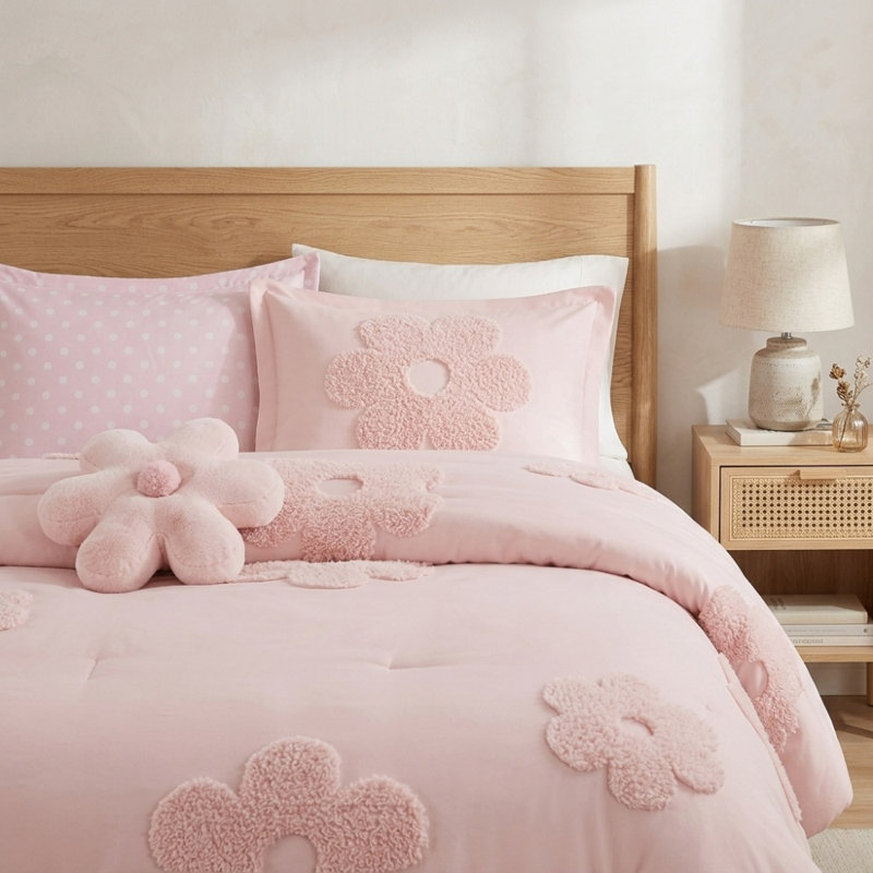 Ensemble d'édredon en chenille touffeté à motif floral rose, ensemble de literie pour lit double / grand réversible 4 pièces avec coussin décoratif floral, antimicrobien