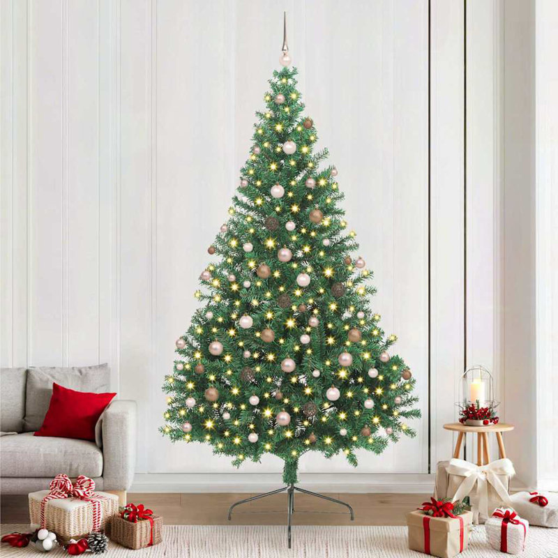 vidaXL Artificial Pre-lit Christmas Tree Green PVC, 180 cm, with 120 Rose Gold Balls, Green