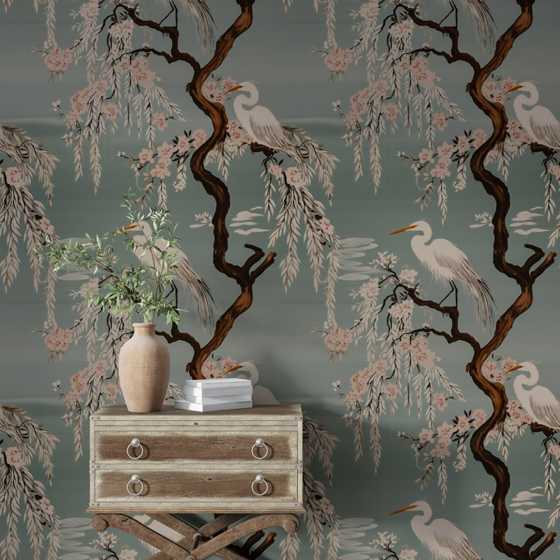 Panneau mural japonais avec grue japonaise et cerisier en fleurs