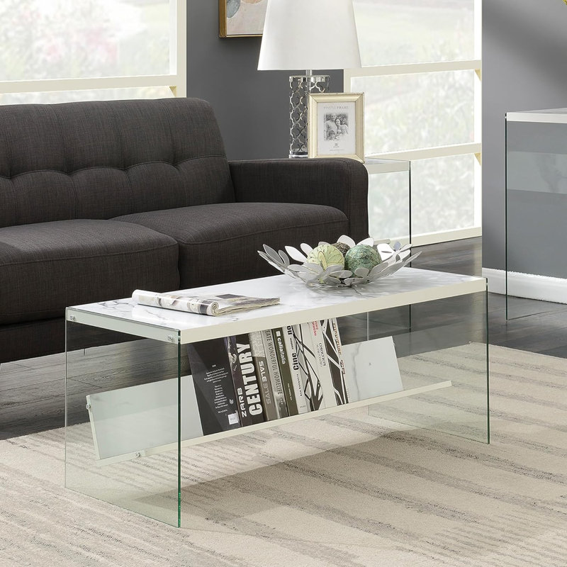 Table basse moderne en verre avec tablette de rangement, table contemporaine en faux marbre blanc pour salle familiale