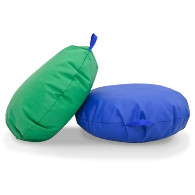 Children's Factory Mini Round Poufs, Flexible Classroom Seating, Durable Floor Cushions with Handles, Blue and Green