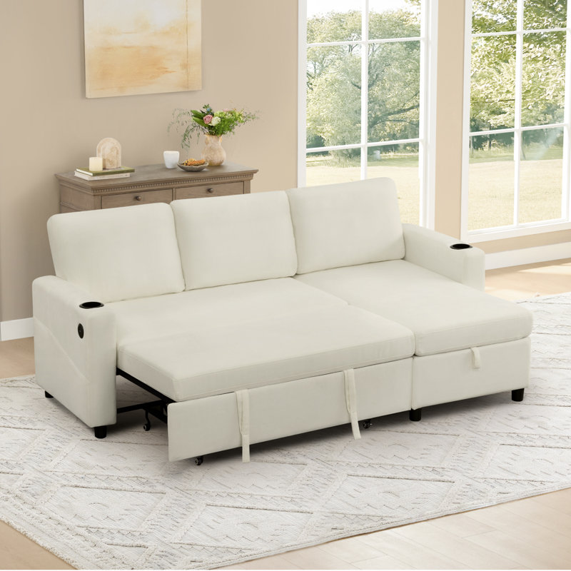84" Modern 3-Seater Pull Out Sofa Bed L-Shaped Sofa Couch with Storage Chaise, Beige 