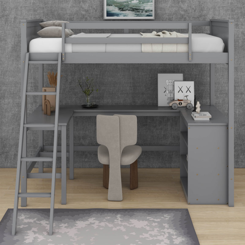 Twin Size Wooden Loft Bed With Desk And Shelves, Gray