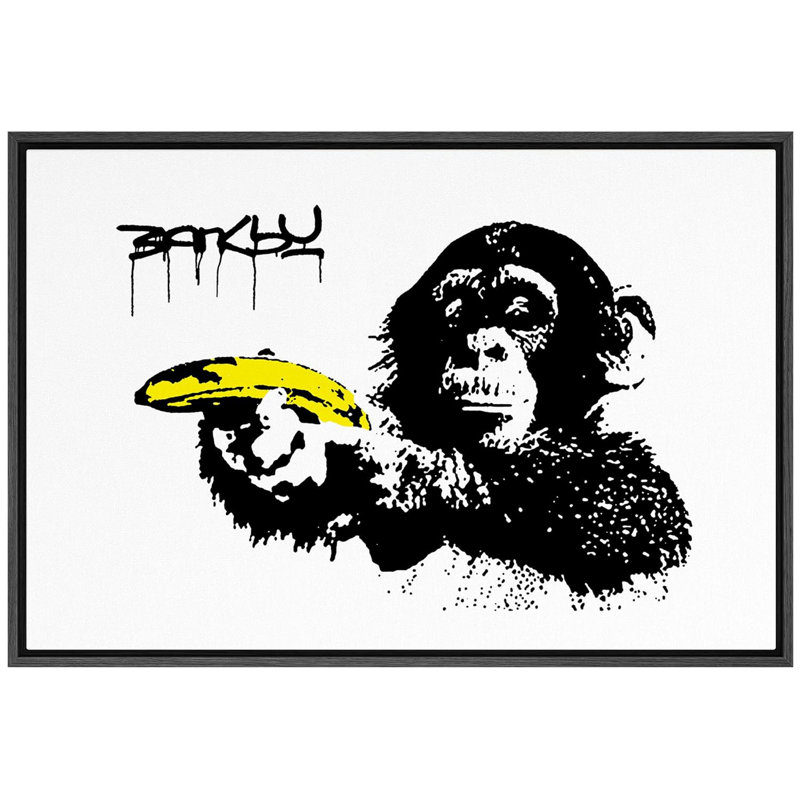 Singe Banksy avec banane, H 16 po x l 24 po x P 1,5 po, Cadre flottant noir