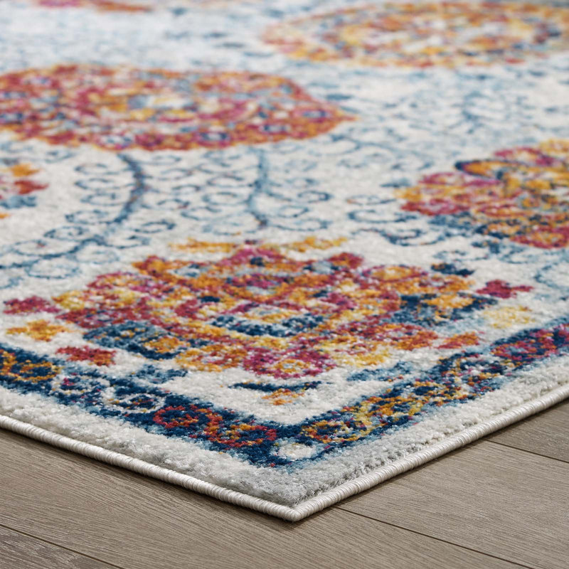 Ivory and Blue Floral Synthetic Rectangular 8' x 10' Area Rug