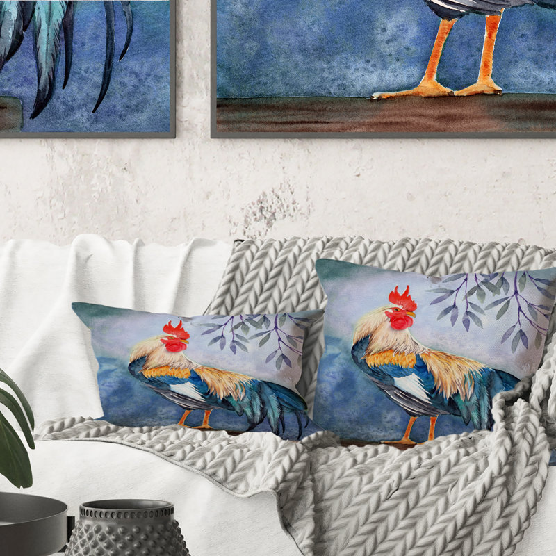 Coq coloré, longue queue émeraude, rouge Cockscomb - coussin décoratif traditionnel imprimé