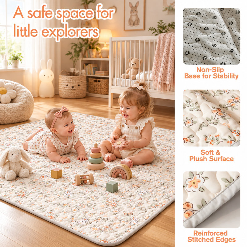 Parc pour bébé, 119 cm x 119 cm, terrain de jeu confortable avec tapis rembourré en coton pour bébés et jeunes enfants, Beige