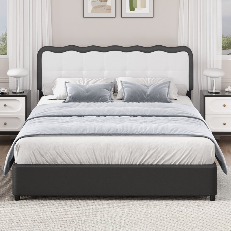 Upholstered Bed Frame with Cloud Shaped Headboard, PU Leather Bed Frame with Adjustable Headboard, Full, Black