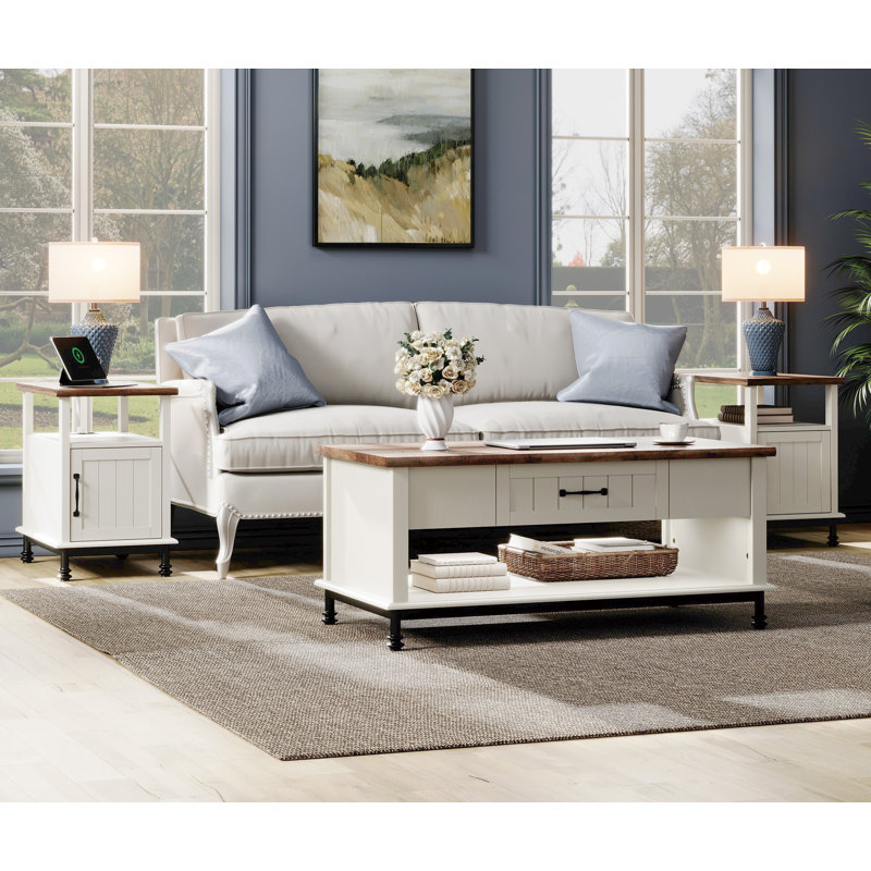 Modern End Tables With Charging Station, Set of 2, White/Brown