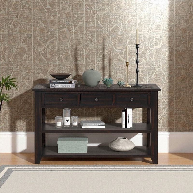 Console en bois de pin massif 48 po avec 3 tiroirs et 2 tablettes Stante, Noir patiné