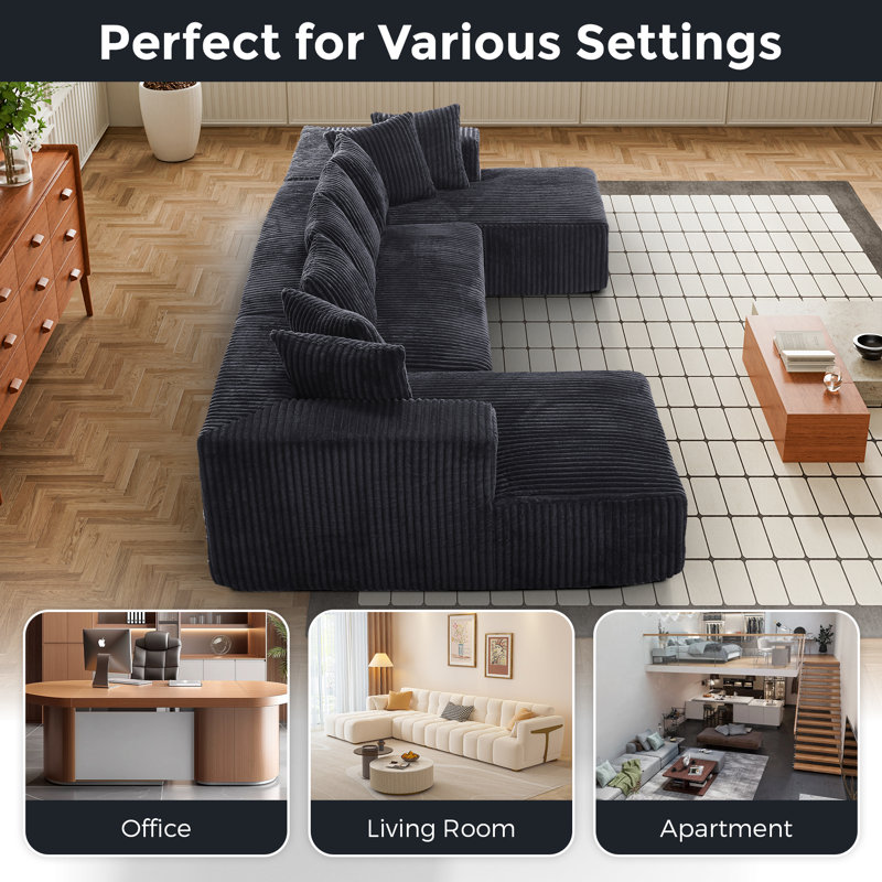 Boneless Modular Sectional Couch, U Shaped 4 Seater Free Combination Compression Sofa, Black Corduroy