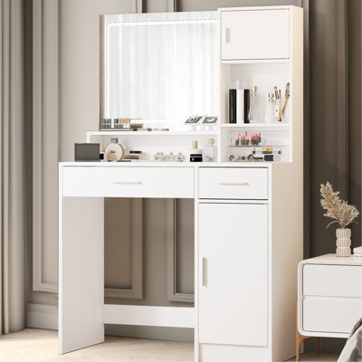 White Vanity Desk With Led Strip And Storage. 3 Level Dresser. Bedroom Furniture, Drawer. Storage, Depth. Exquisite Appearance Function