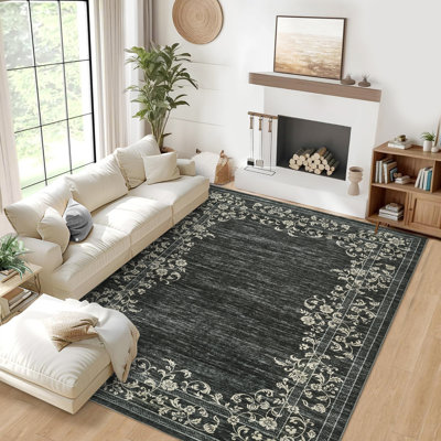Machine Washable Non-Slip Rugs for Living Room Border Floral Vintage Distress Print Carpet Indoor Non-Shedding Rugs for Living Room Dining Room