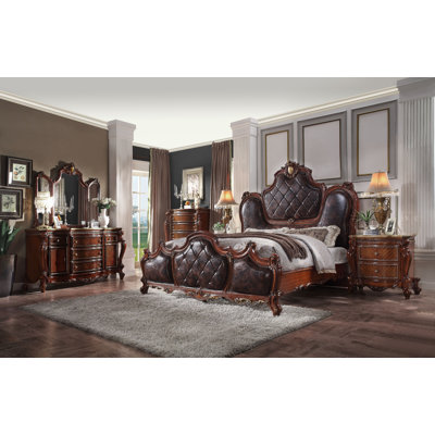 Ensemble de chambre à coucher 6 pièces avec lit capitonné, commode, commode, 2 tables de chevet et miroir