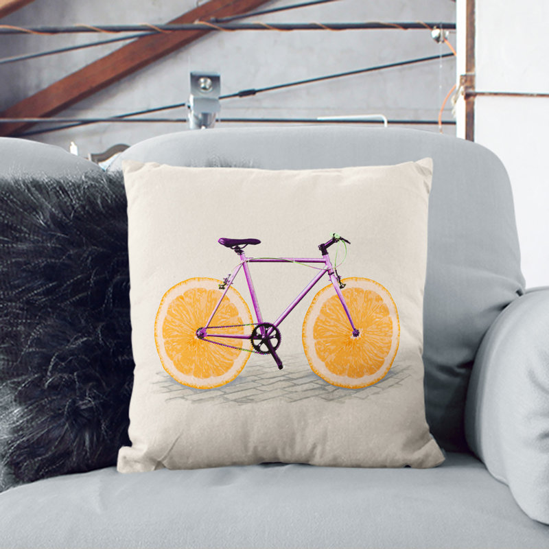 Orange Slice Bicycle Square Throw Cushion, 40cm H x 40cm W x 15cm D, Black