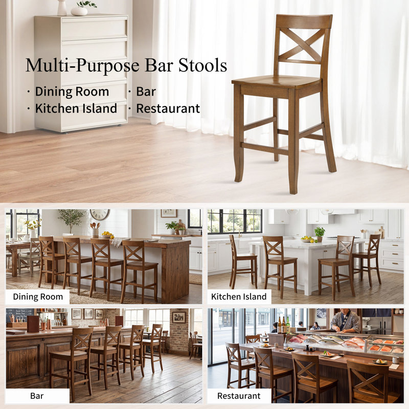 Solid Wood X-Back Counter Height Bar Stool, Walnut