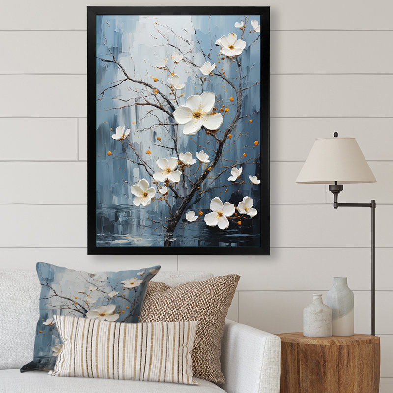 Impression sur toile grise et bleue Dogwood Expression I, Cadre simple noir, H 20 po x l 12 po x P 1 po