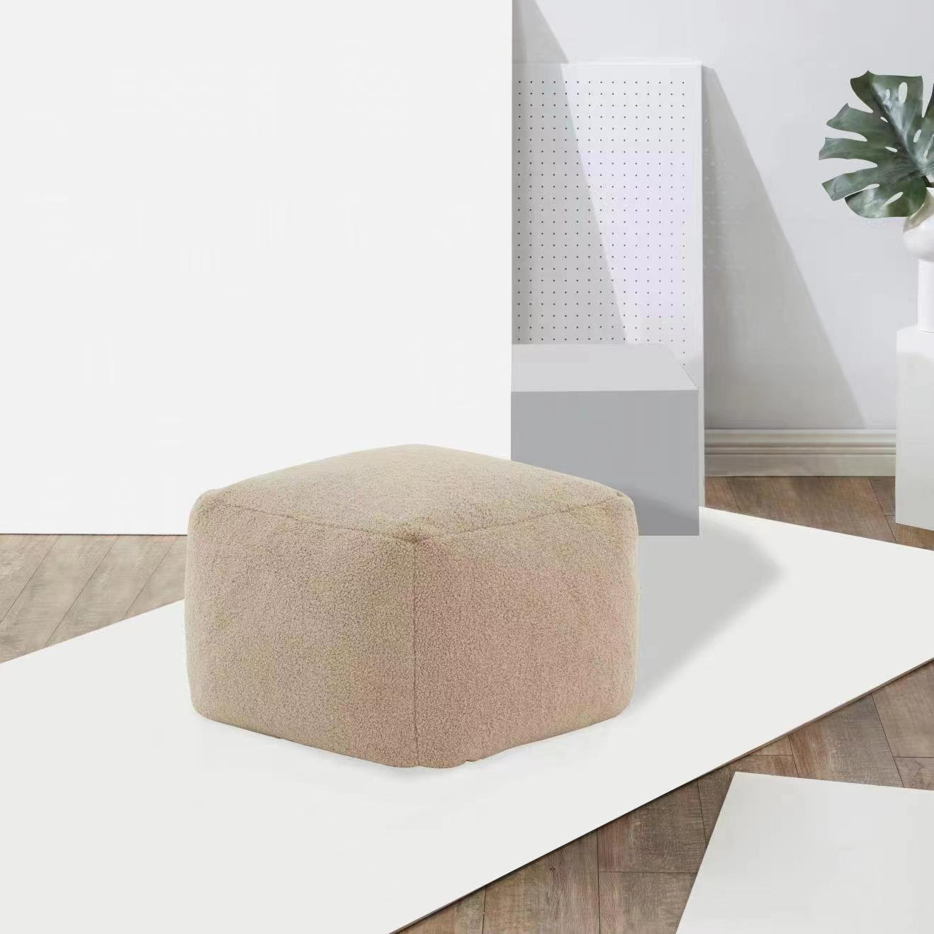 Inaki Upholstered Pouf, Light Brown Faux Lams Wool