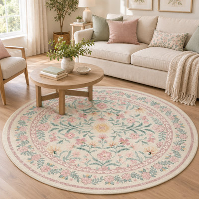 Machine-washable pink carpet Round bohemian floral rug