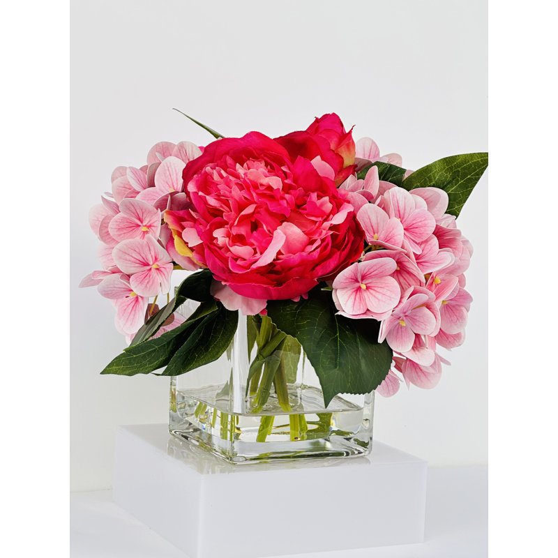 Centre de table artificiel en pivoines et hortensias artificiels, Rose foncé