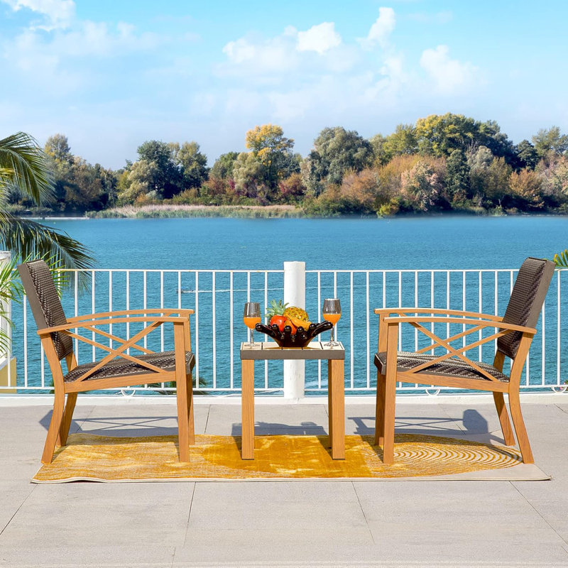 Patio Bistro Set 3 Pieces With Wood Grain Aluminum Wicker Padded Porch Chairs,Coffee Table,Outdoor Conversation Set With Beige Waterproof Pillows
