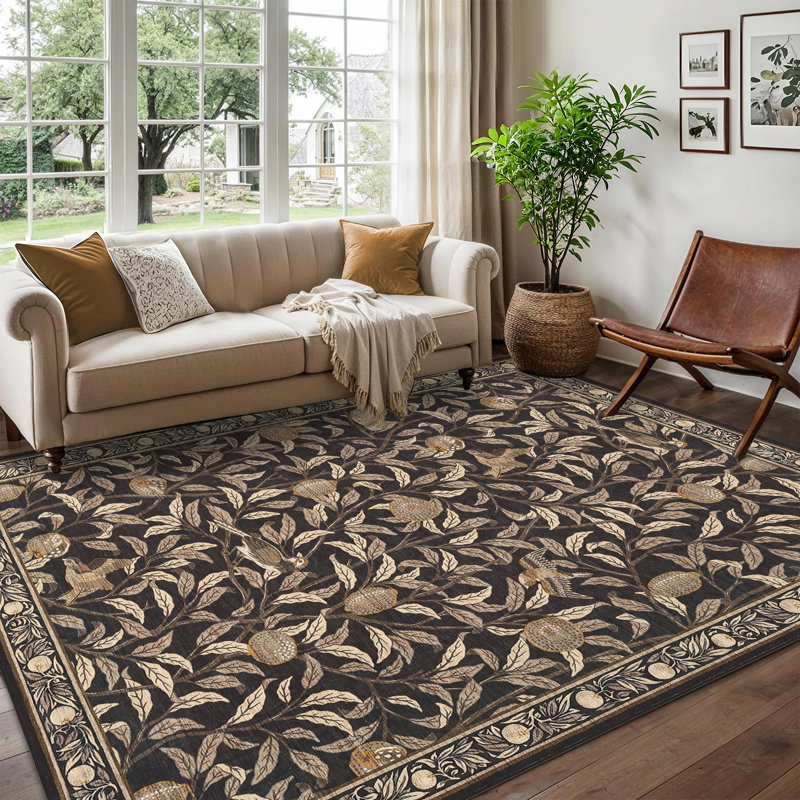 Farmhouse Machine Washable Rug for Living Room, Non-Slip Botanical Area Rugs, Low Pile Stain-Resistant Vintage Carpet, Soft Foldable Print Floor Mats for Bedroom, Nursery, Home Office