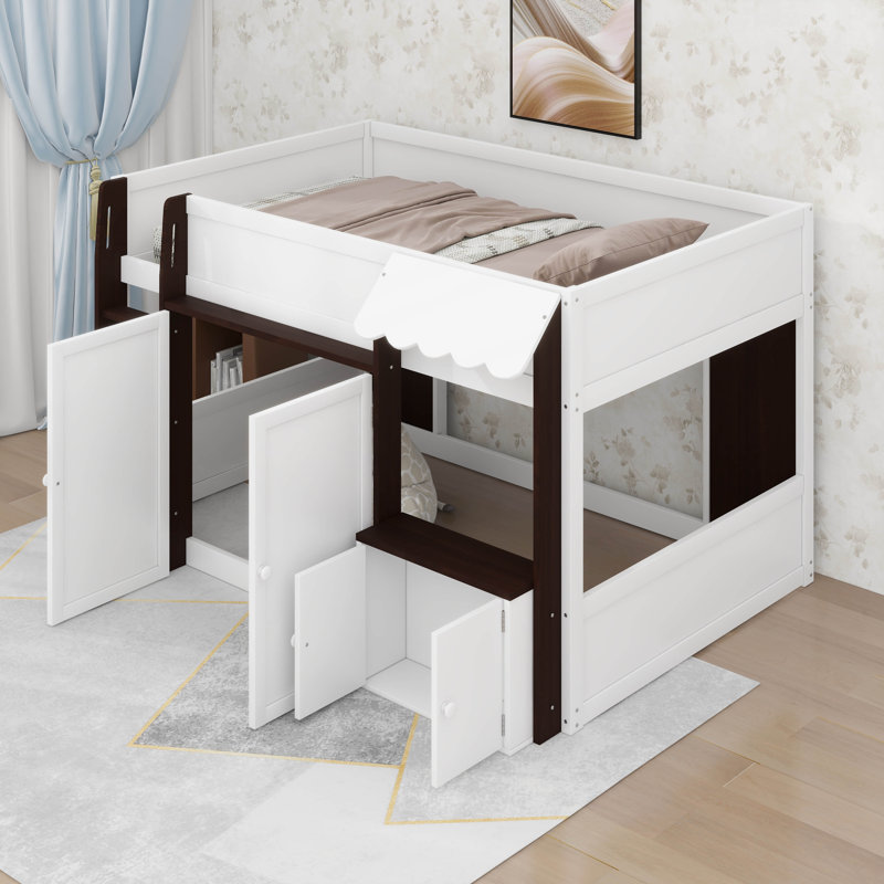 Lit mezzanine double avec rangement, porte et fenêtre, structure de lit en bois avec rangement, Blanc / Espresso