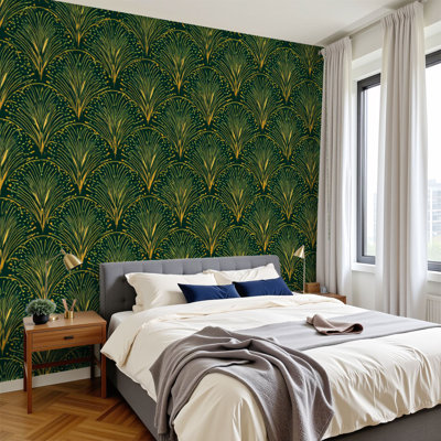 Papier peint adhésif peler et coller vert, art déco doré, formes murales en forme de ventilateur amovible H 100 po x l 144 po, papier peint amovible en PVC pour chambre à coucher, bureau à domicile