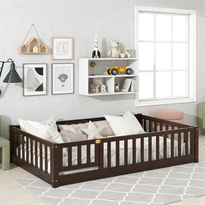Twin Size Rubber Wood Floor Bed With Safety Guardrails, Fence & Door - Safe & Comfortable For Kids, Espresso