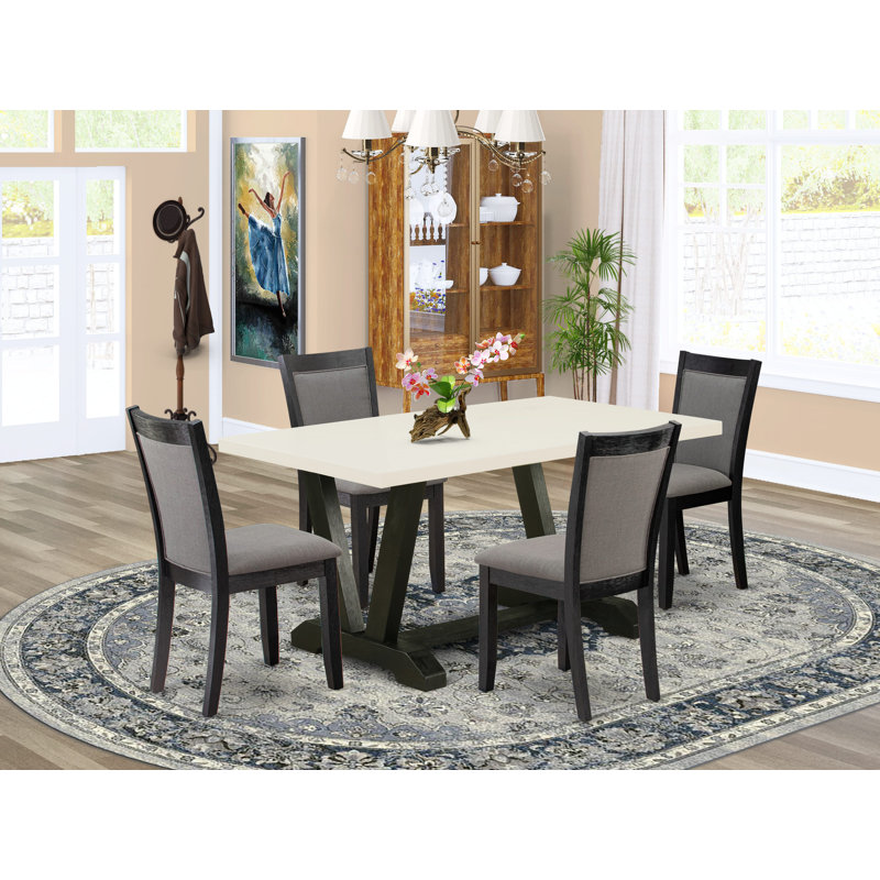 5-Piece Dining Set Includes a Linen White Dinner Table and 4 Cream Linen Fabric Parson Chairs with High Back - Wire Brushed Linen White.