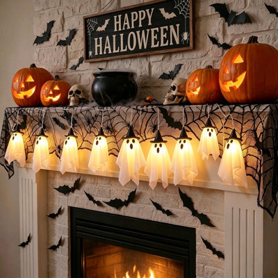 9Ft Halloween Ghost String Lights with Witch Hats, Remote Control 8 Modes & 6H Timer, Battery Operated Spooky Hanging LED Lights for Front Porch Yard Patio Indoor Outdoor Party Decor