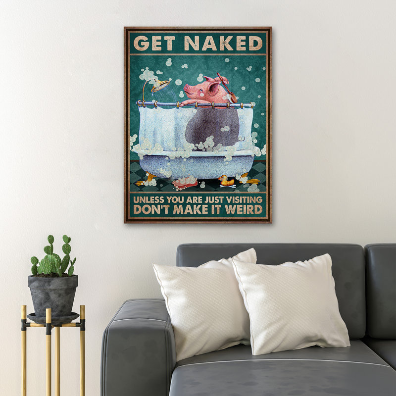 36_Pig On Bath - «Get NUE, Don't Make It Weird Gallery», toile tendue avec décor de salle de bain et de lessive, rose, blanc et vert