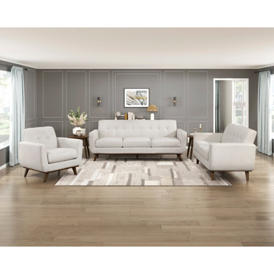 Contemporary Living Room Sofa Set 3Pc Beige Fabric Sofa Loveseat Chair Tufted Comfortable Solid Wood Legs Furniture