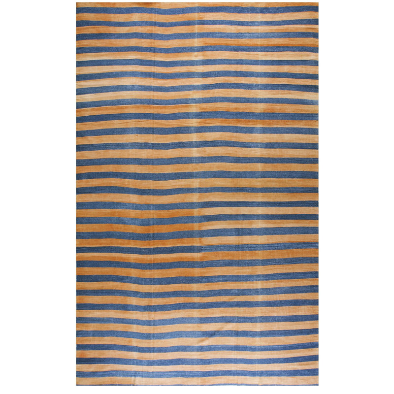 Rustic Antique Geometric Stripes Room Size Indian Cotton Dhurrie Rug