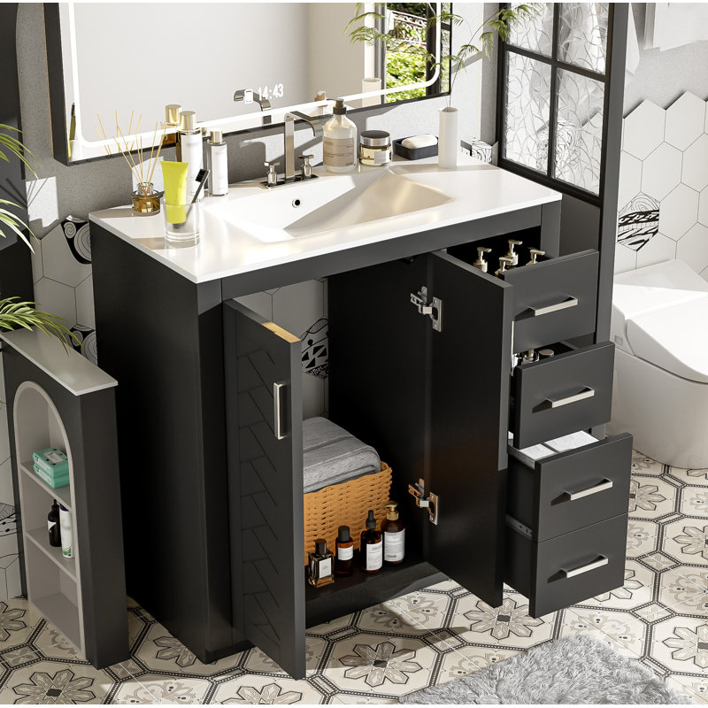 Ensemble de meuble-lavabo 36 po avec lavabo en céramique, armoire de rangement en bois massif, ensemble de meuble-lavabo autoportant avec 3 tiroirs et portes à fermeture douce,