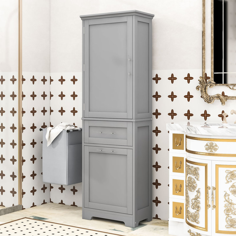 Grande armoire de salle de bain sur pieds avec tiroirs de rangement et tablette ajustable Brasby, Gris