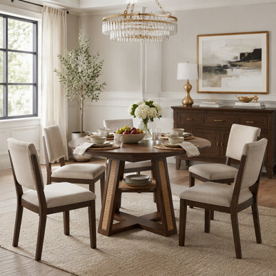 Extendable Round-to-Oval Dining Table for 4-6, with Removable Extension Leaf and Cross-Shaped Base