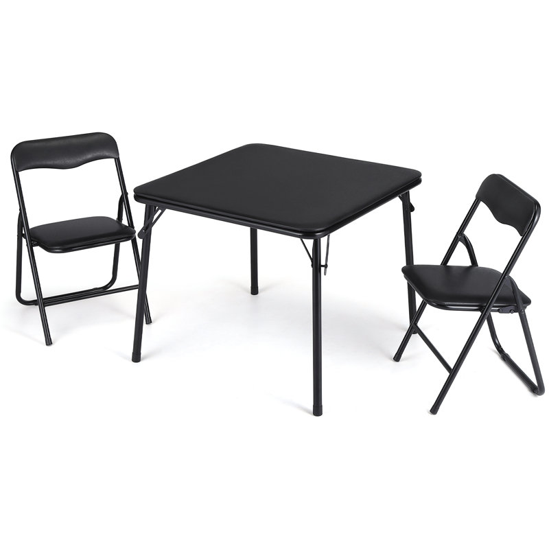 Kids Foldable Table and Chair Set, Padded Square Activity Table with 2 Upholstered Chairs, Portable Metal Frame with Safety Features