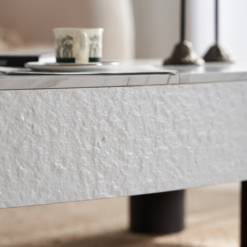 Table basse ovale avec plateau en faux marbre, table basse moderne avec tiroir caché et espace de rangement