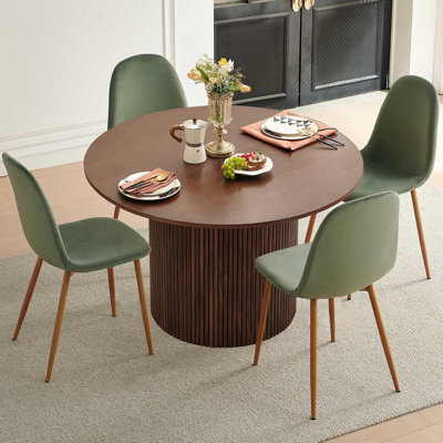 Dining Table Set for 4, Walnut 47 Inch Wooden Round Dining Table Set, Space Saving (Table + 4 Green Chairs)