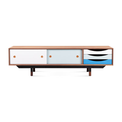 - Armoire de télévision rétro influencée, couleur bleue, placage de noyer naturel, pieds en acier inoxydable noir, pieds en bois massif, tiroirs laqués pour armoire principale avec base principale 1955