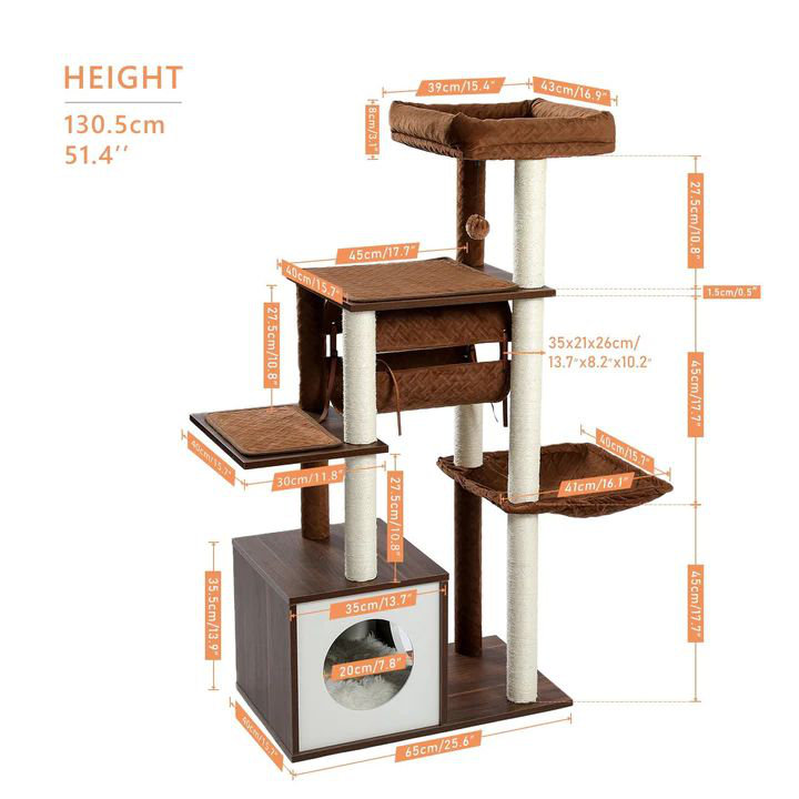 Tour à chat 51,5 po en bois pour chats d'intérieur avec maisonnette pour chat confortable, Brun foncé