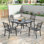 Ensemble de salle à manger d'extérieur 5 pièces 5 pièces, table ronde à lattes en grain de bois 41 po avec trou pour parasol + 4 chaises pliantes en métal (capacité de 350 lb), conception antirouille et respirante, assemblage en 30 minutes, patio, 
